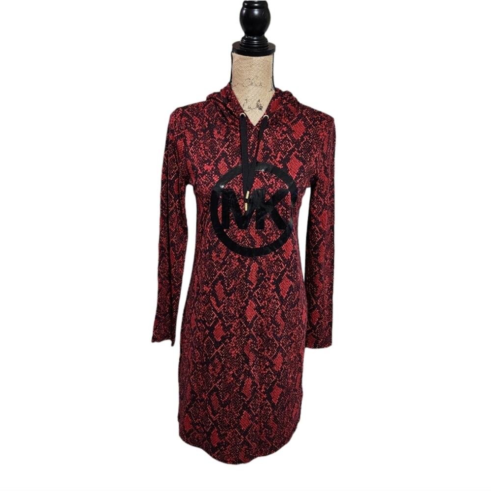 Michael Kors Red and Black Python Snakeskin Hooded Logo  Dress‎ Size XS
